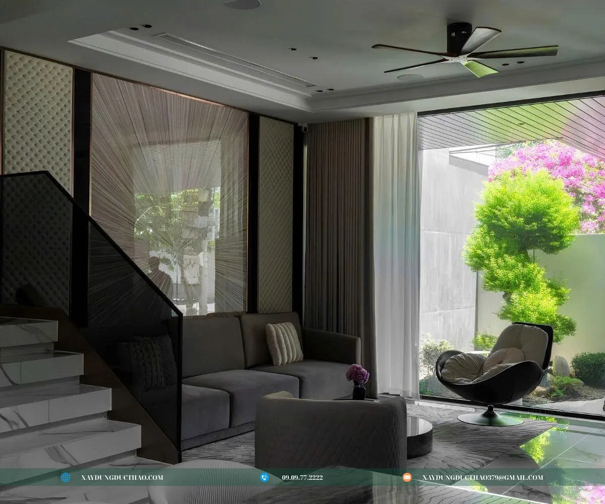 Không gian nội thất phòng khách mẫu nhà phố 3 tầng đầy đủ chức năng
