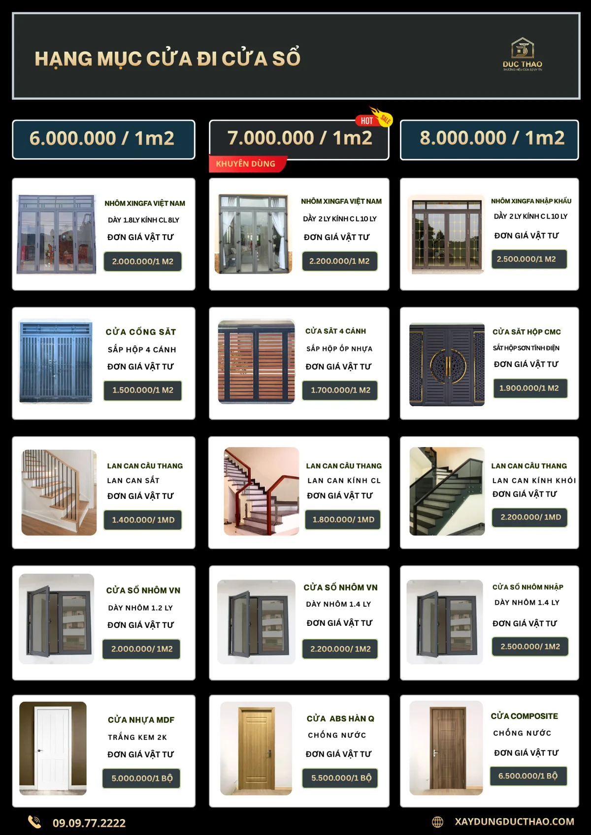 Bảng giá cửa đi, cửa sổ, lan can 3 gói vật tư hoàn thiện Đức Thảo