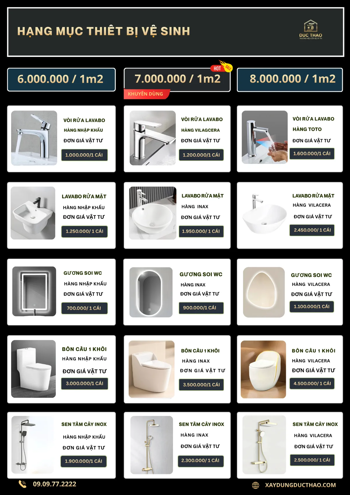 Bảng giá thiết bị vệ sinh 3 gói vật tư hoàn thiện Đức Thảo