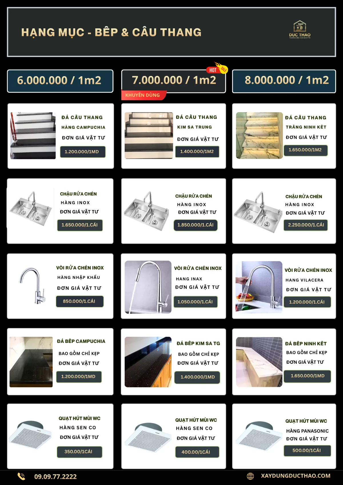 Bảng giá đá cầu thang, đá bếp, chậu rửa, quạt hút 3 gói vật tư Đức Thảo