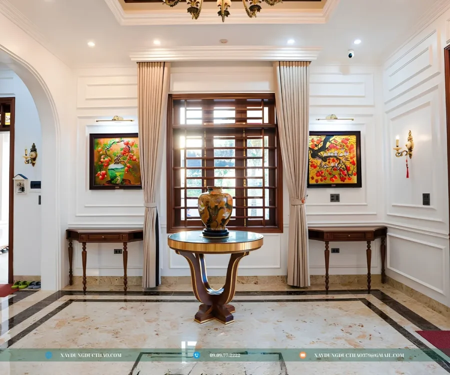 Phòng khách mẫu nhà biệt thự 3 tầng mái Mansard phong cách châu Âu