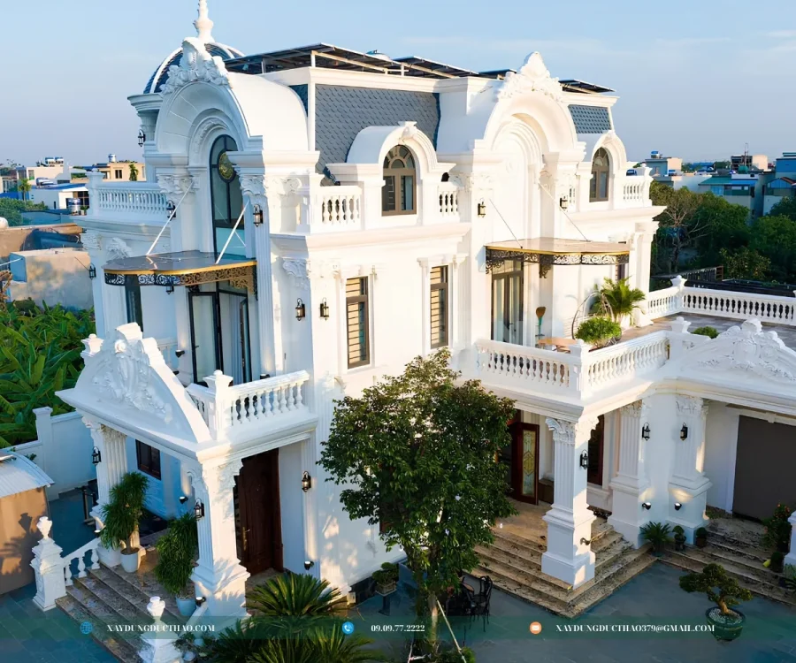 Công trình biệt thự 3 tầng mái mansard màu trắng đẹp