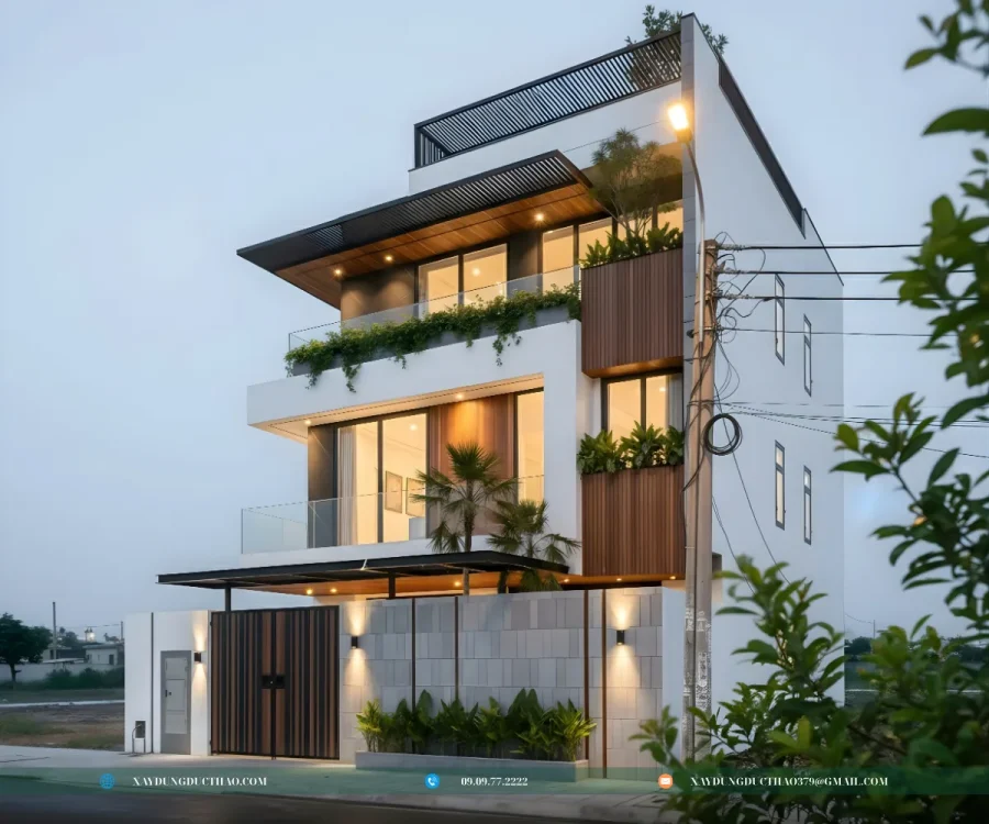 Biệt thự 3 tầng hiện đại hoàn thiện với kiến trúc vuông vức và màu sắc tối giản.