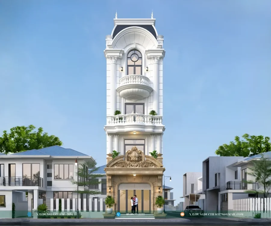 Nhà ống tân cổ điển 5 tầng với mặt tiền sang trọng, đường nét phào chỉ tinh tế