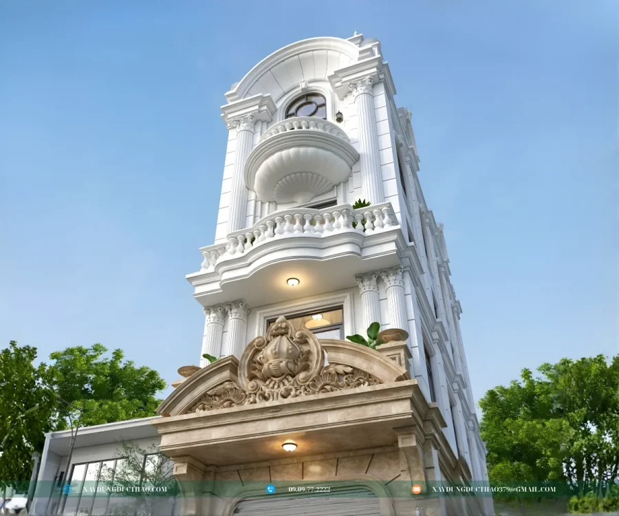 Mẫu nhà ống 5 tầng phong cách tân cổ điển thiết kế cân đối, bề thế