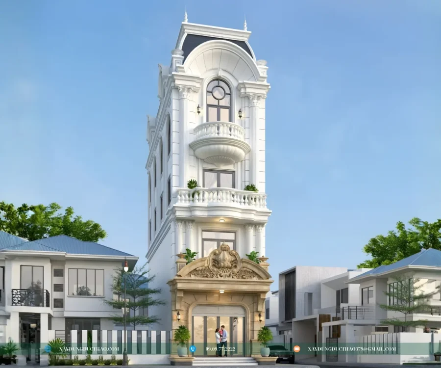 Ngoại thất nhà ống tân cổ điển 5 tầng sử dụng gam màu trắng kem trang nhã