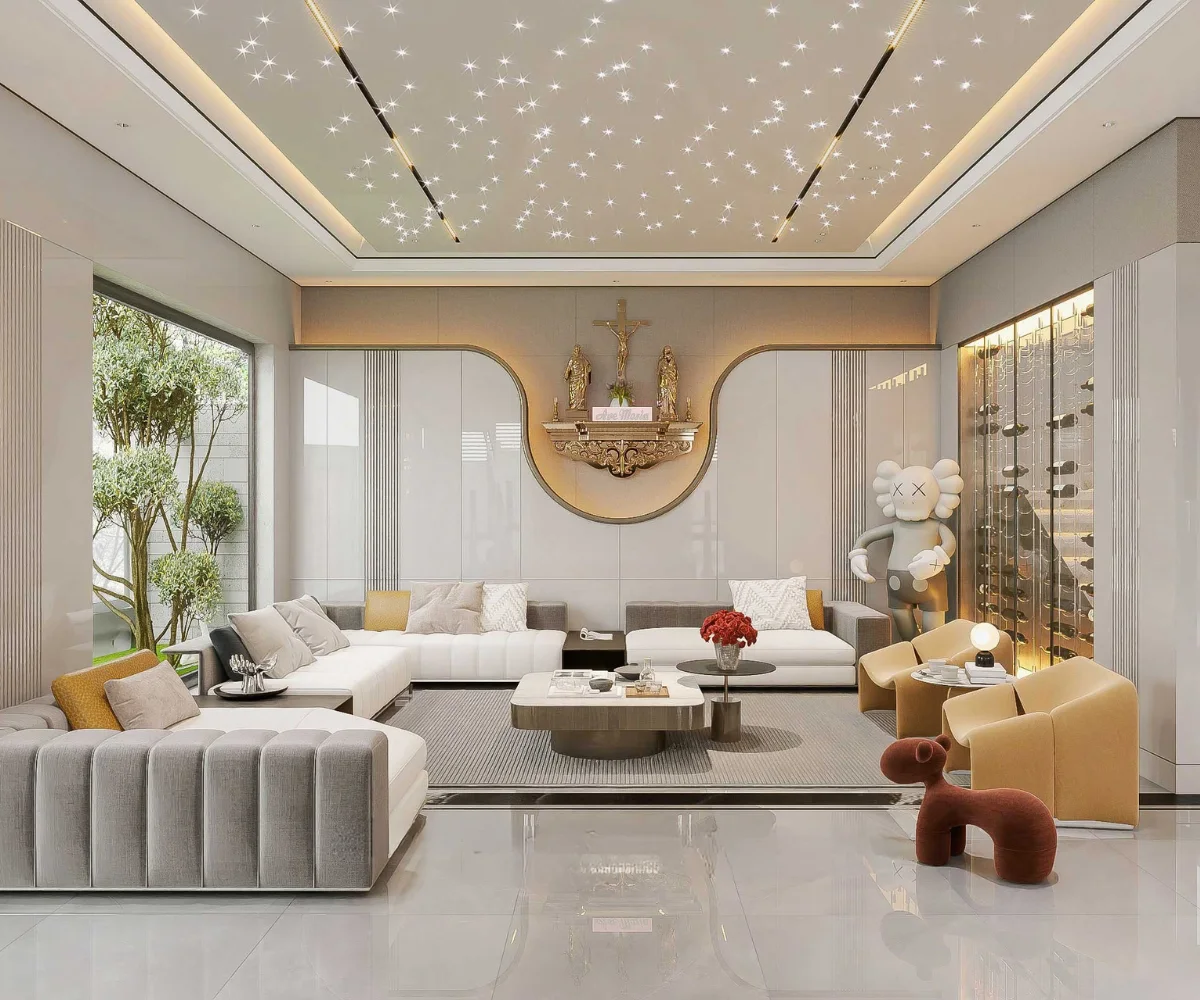 Phòng khách biệt thự với trần thạch cao đèn sao, vách ốp tấm cao cấp, gạch nền khổ lớn – vật tư hoàn thiện cao cấp