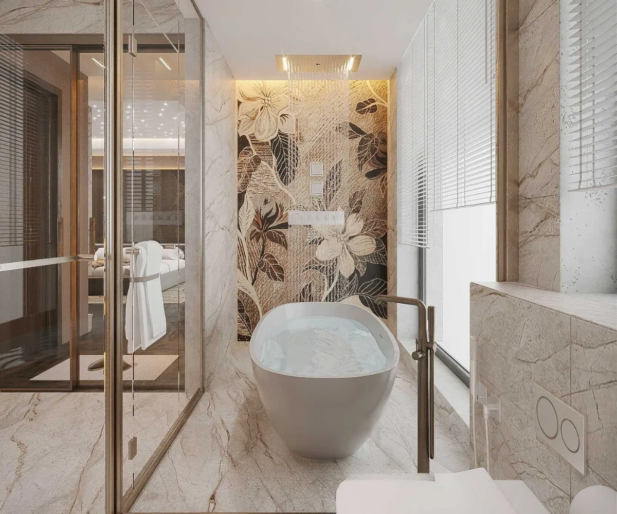 Phòng tắm master ốp đá marble, bồn tắm đặt sàn, sen âm trần – thiết bị vệ sinh cao cấp