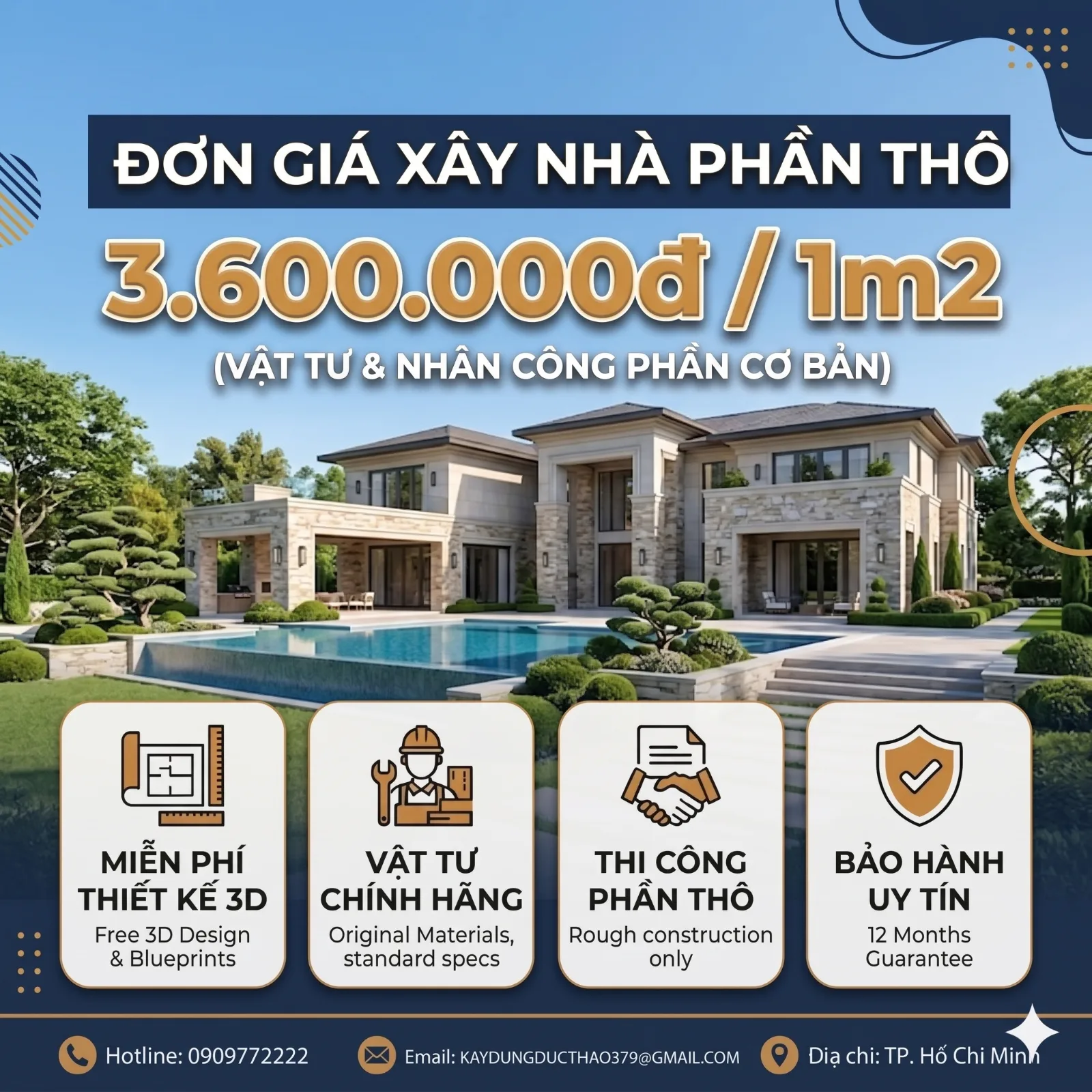đơn giá xây nhà phần thô 36000